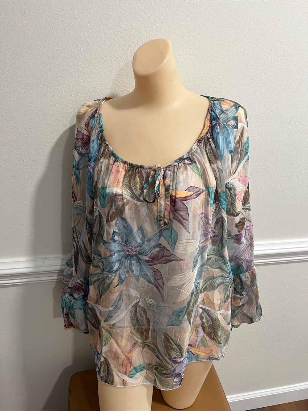 Sheer Floral Scoop-Neck Blouse in Teal, Lavender & Cream